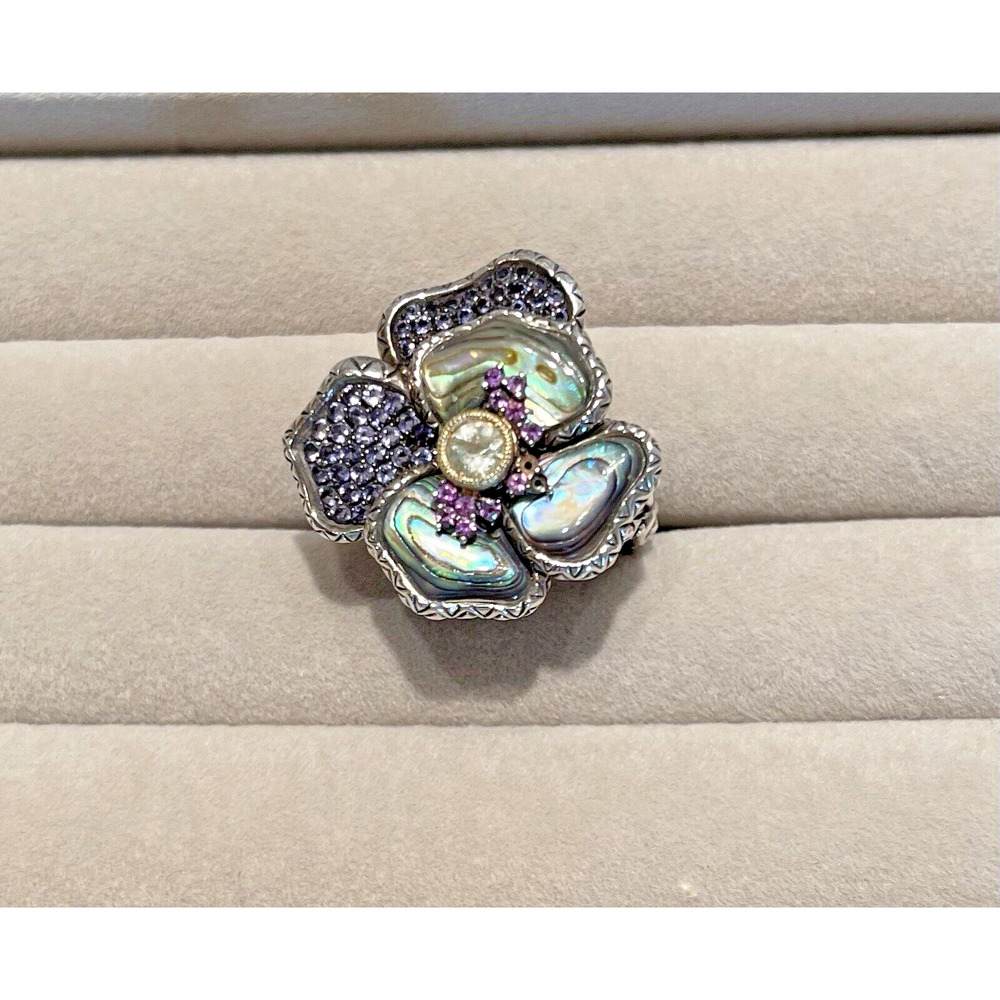 BARBARA BIXBY Pansy Gemstone Iolite & Abalone Sz 8 Flower Ring